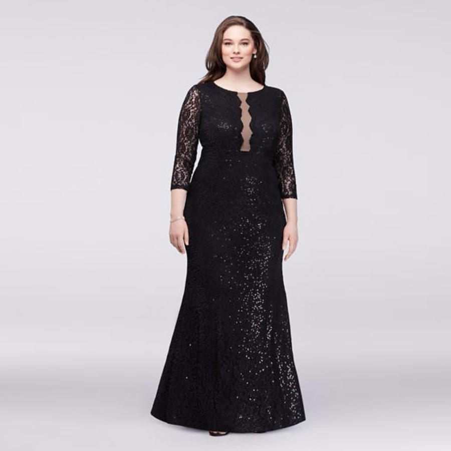 

Sequined Lace Plus Size Gown with Illusion Bodice 293030 3/4 Sleeves Sexy Mother of the Bridal Dres Wedding Party Dress Formal Dresses