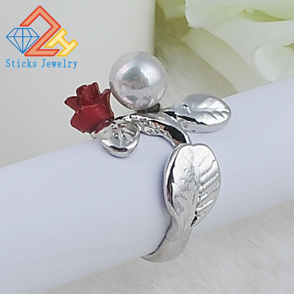 

Wedding Ring Green Fashionable Color Genuine Flower Leaf Branch Ring Red Roes Pearl Jewelry Bridal Rings Accessories