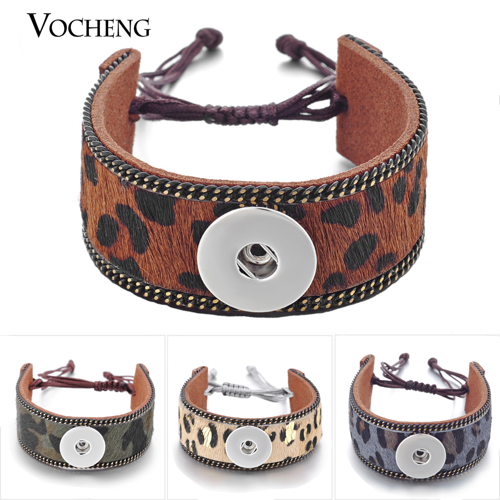 

VOCHENG NOOSA Snap Charms Bracelet Genuine Leather Leopard Print 4 Colors 18mm Lace-up NN-438