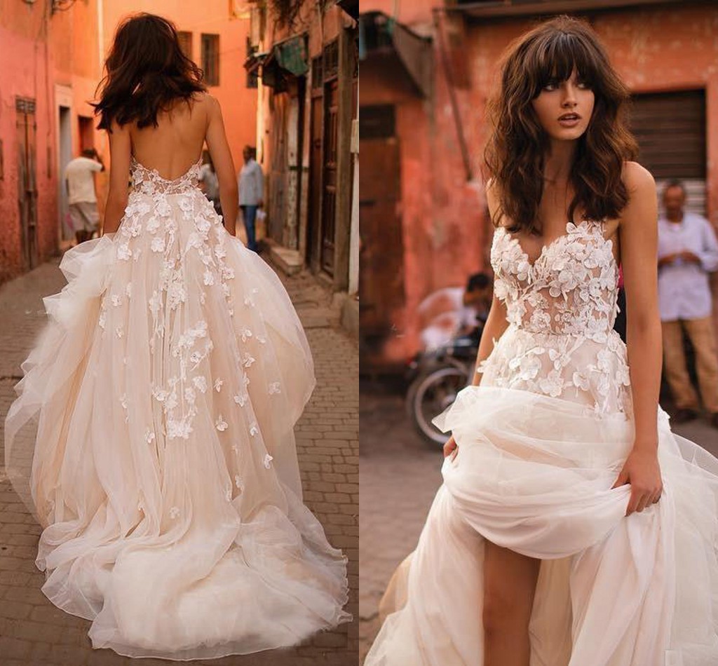 

2019 Charming Liz Martinez Wedding Dresses With 3D Floral V-neck Tiered Skirt Backless Elegant Country Garden Wedding Gowns, Fuchsia