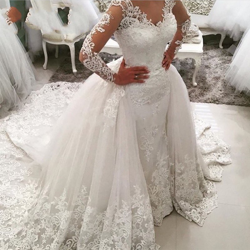 

2021 Sexy Luxury Lace Long Sleeves Mermaid Wedding Dresses With Detachable Skirt Appliques Tulle Plus Size Wedding Dress Bridal Gowns Custom, White