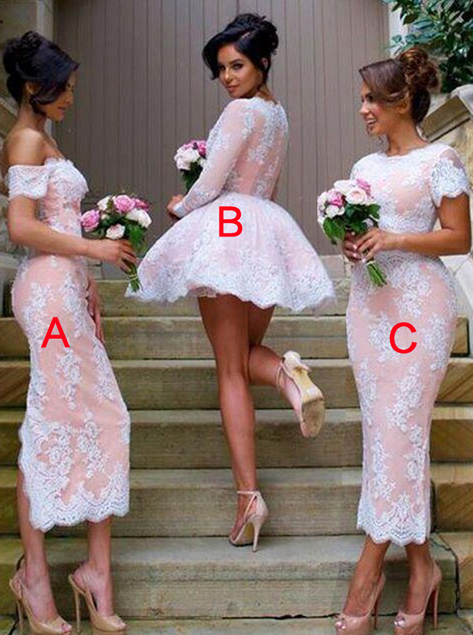 

O-neck Short Sleeves Pink and White Ankle Length Bridesmaid Dresses ABC Style Customized Made Party Dresses