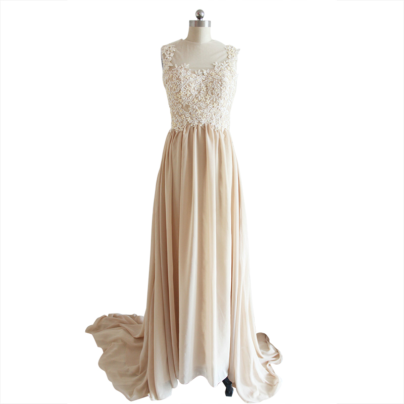 Réel Robes de bal A-ligne Jewel Neck Lace avec perle Appliques perles mousseline de soie Parti robe formelle robe de soirée cocktail événement