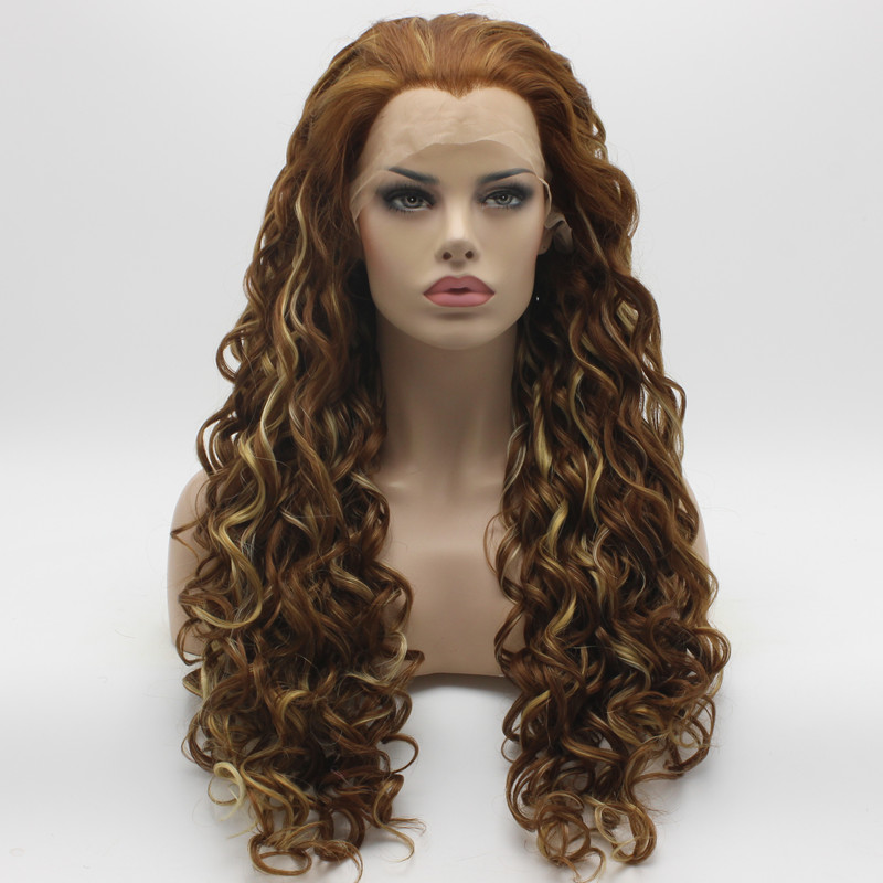 

Iwona Hair Curly Long Three Tone Auburn Blonde Mix Wig 18#30Y/27HY/613 Half Hand Tied Heat Resistant Synthetic Lace Front Daily Natural Wigs, Mix color