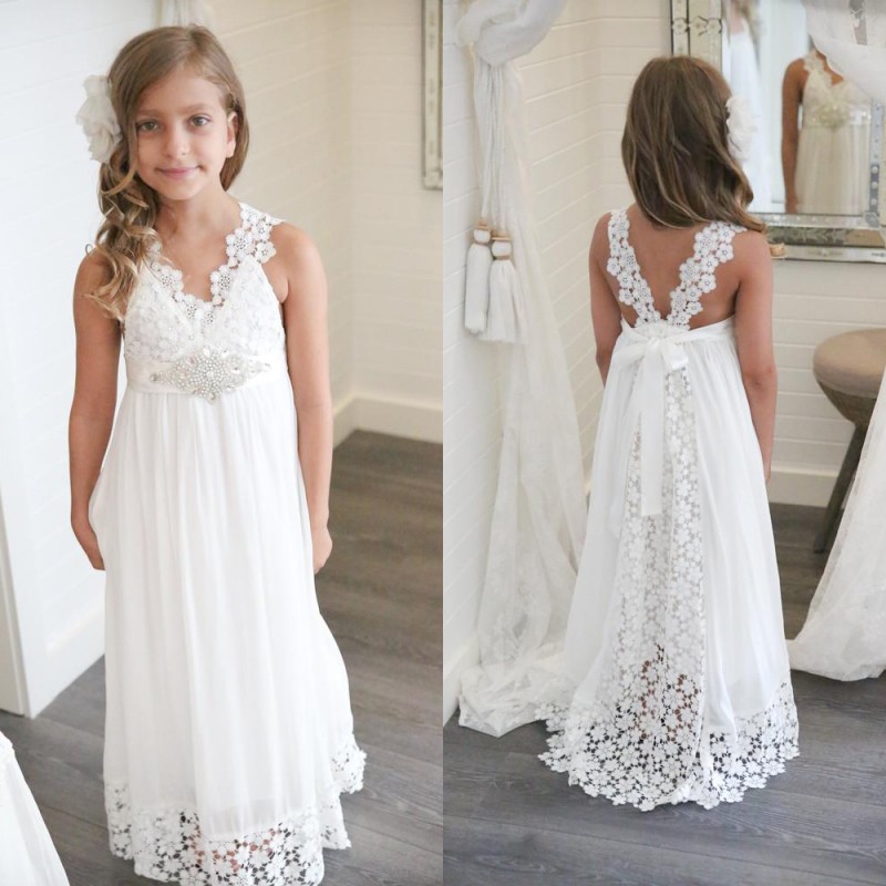 

2019 New Arrival Boho Flower Girl Dress For Wedding Beach V Neck A Line Lace and Chiffon Kids White Wedding Dresses Custom Made, White;blue