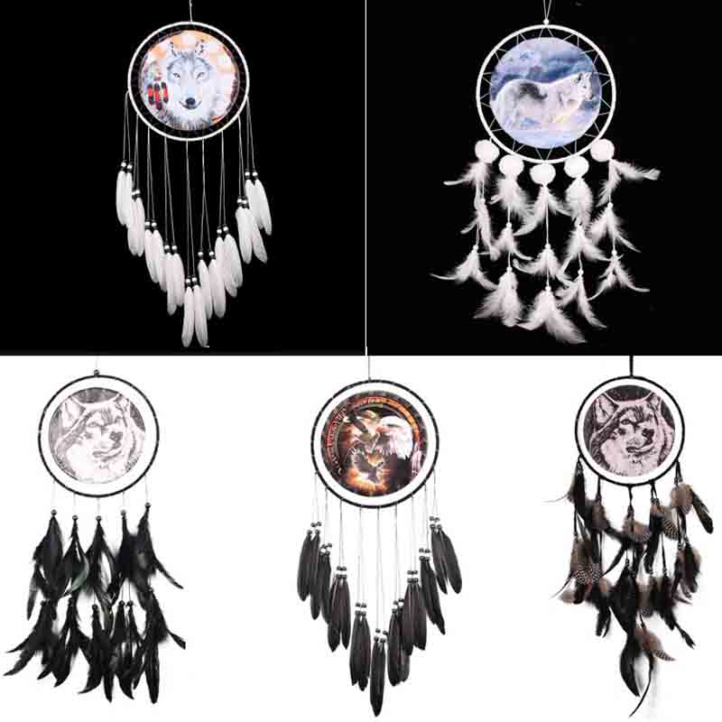 Handmade Wolf Pattern Feather w// Beads Dream Catcher Wall Hanging Decor