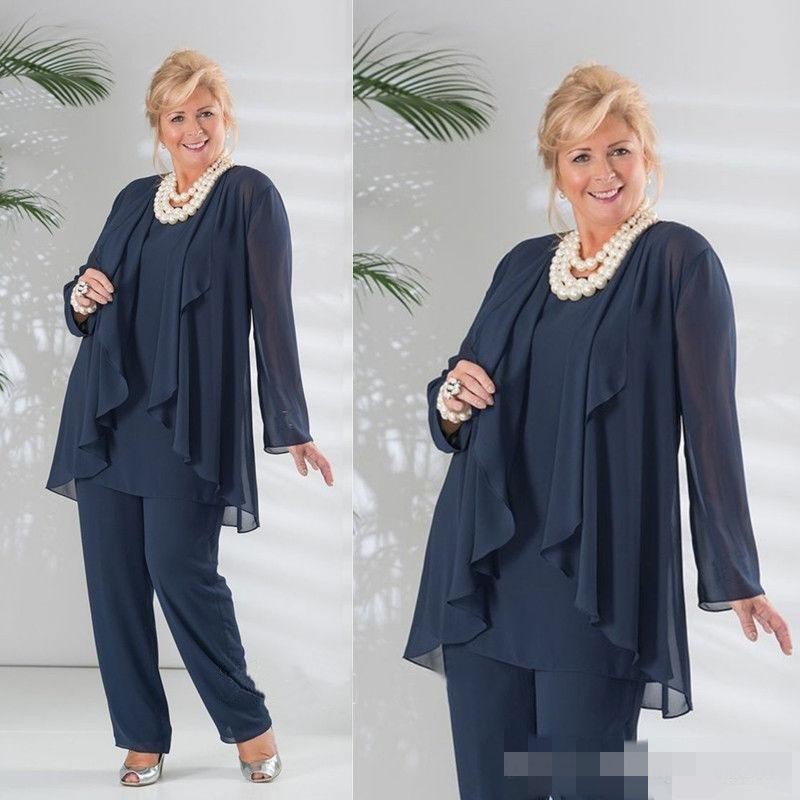 Bleu marine foncé trois pièces en mousseline de soie mère de la mariée pantalon costumes avec veste à manches longues pantalon costume grande tai