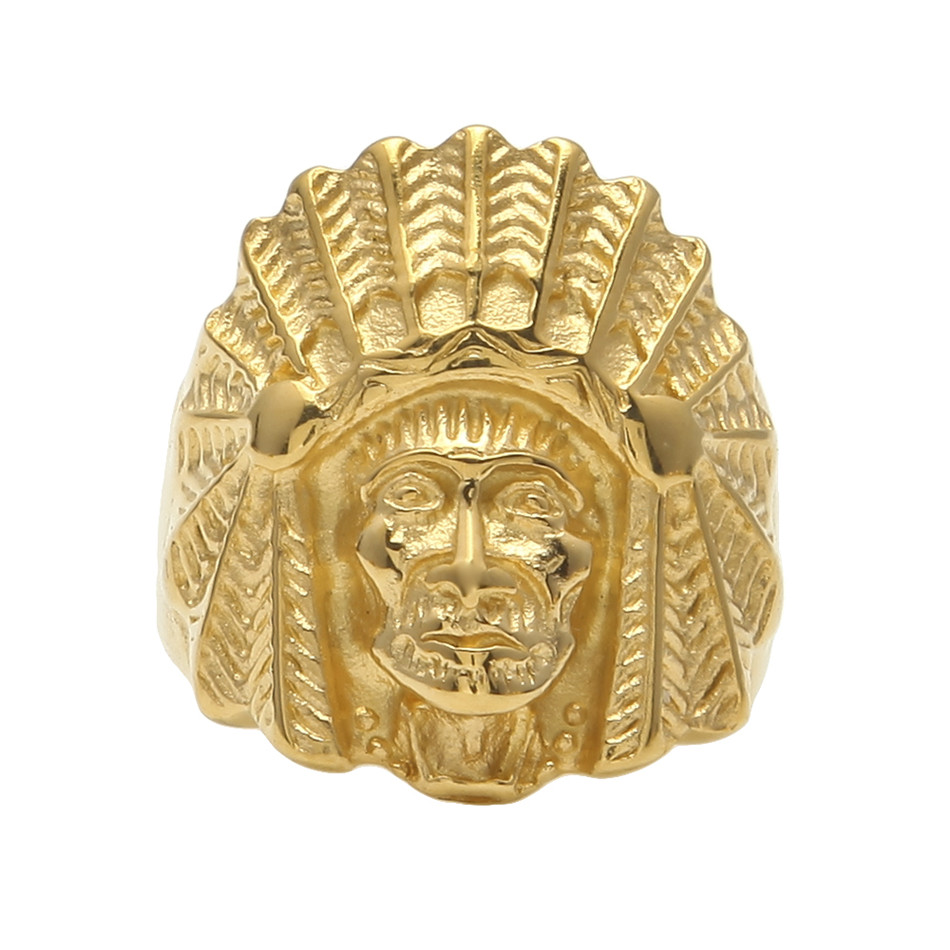

Men Women Vintage Stainless steel Ring Hip hop Punk Style Gold Ancient Maya Tribal Indian Chief Head Rings Fashion Jewelry, Golden;silver