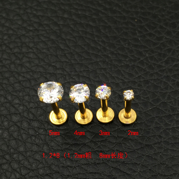

Crystal CZ gem Lip Stud Gold Labret Tragus Earrings 316L Stainless steel Zircon lip nail medical steel nails round 2mm 3mm 4mm