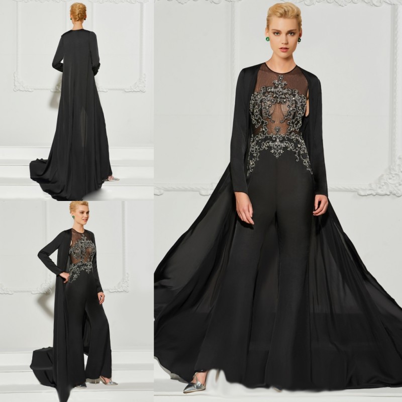 

Black Jumpsuit Evening Gown With Jacket Two Pieces Applique Beads Illusion Sexy Prom Dress Mother Of The Bride Dresses Formal Gowns Party, Brown