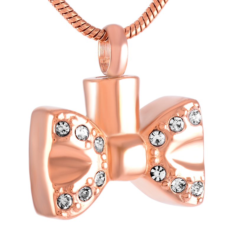

IJD9214 Bow Tie Stainless Steel Cremation Pendant Necklace Crystal Memory Ashes Keepsake Urn Holder Memory Necklace