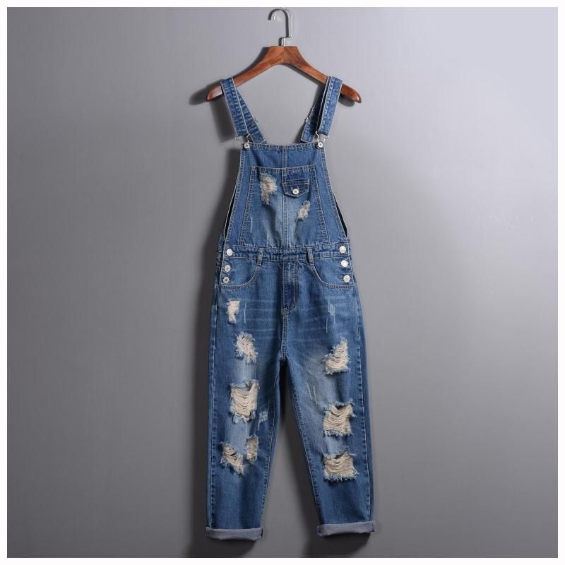 

Wholesale- 2017 spring Summer Fashion Brand Male Ripped denim jumpsuit Mens slim hole jean overalls Casual bib jeans for men 010801