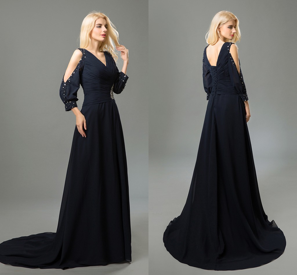 2021 vraie marine mère de la mariée robes 3/4 manches V cou sexy une ligne paillettes perlées mère des robes du marié