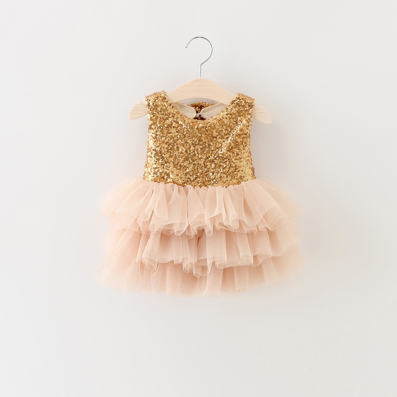 Wholesale- Kids Dresses For Girls 2017 Summer Style Gold Sequins Tutu Event Party Dress For Baby Girls Clothes Bow Formal Dress For Infant-image-401342960