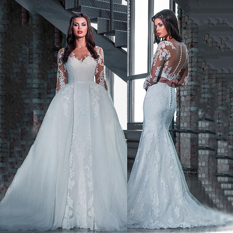 

Charming Tulle Bateau Neckline Detachable Skirt Wedding Dresses With Lace Appliques Sheath Bridal Wedding Gowns Vestidos De Noiva, Champagne