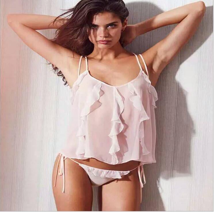 

European Women Sexy Lingerie Nightwear Mesh Sling Pajamas Back Cross Straps Flounce Pajamas Intimates Transparent Sexy Underwear, Black