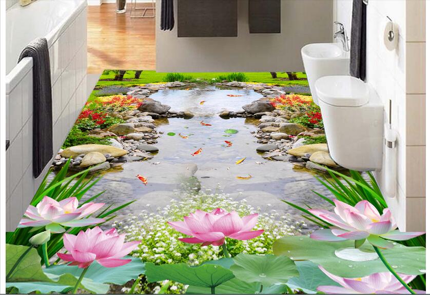 

3d pvc flooring custom photo Waterproof floor Little brook lotus nine fish decoration painting 3d wall murals wallpaper for walls 3 d, Pictures show