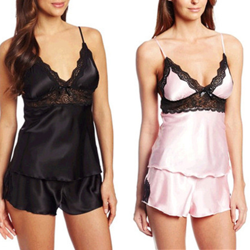 

Wholesale- 2016 New sexy night suit sleepwear candy color fauk silk lace splice suspenders bow pyjama women shorts ladies pajamas set, Black