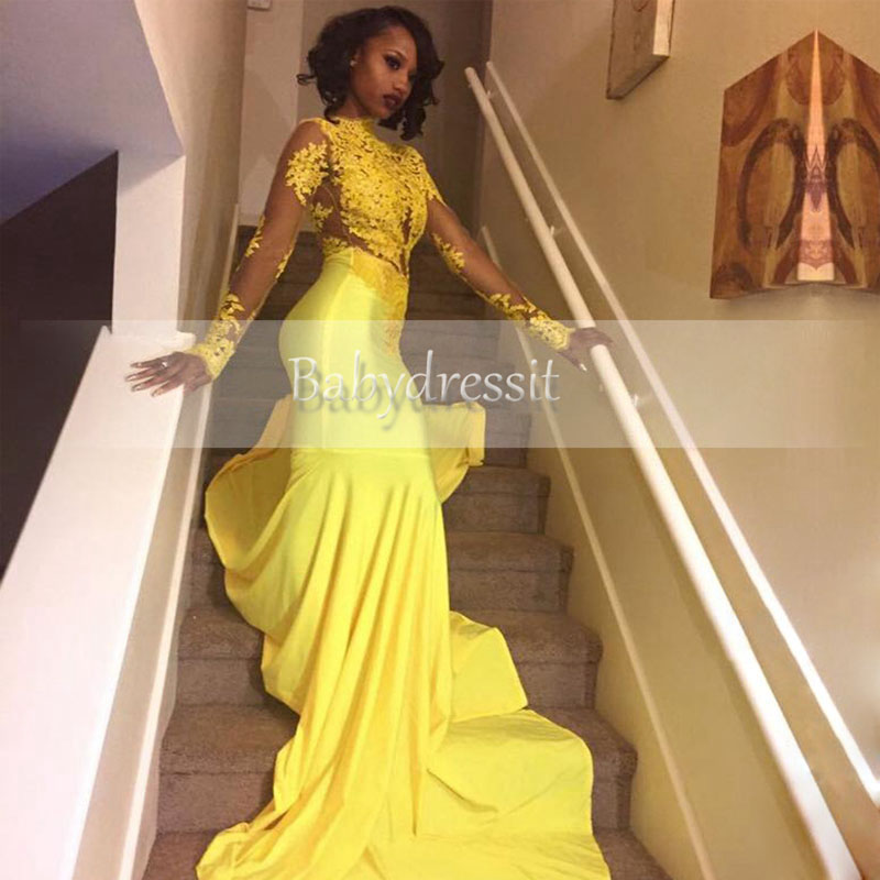 Gorgeous New Lace Long Sleeve Prom Dress Mermaid Yellow African Girls Satin Cheap Evening Party Gown Custom Made Plus Size