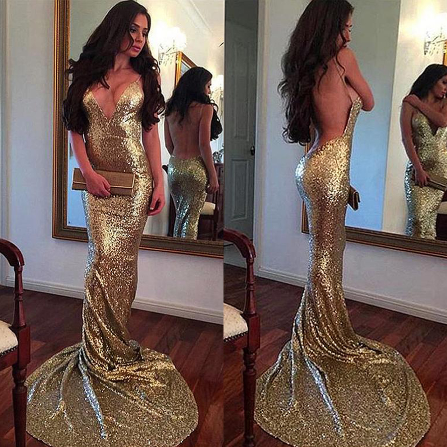 

Sequin Lace Spaghetti Straps Neckline Backless Sheath / Column Evening Dresses Gold Sequin Sexy Long Prom Dress vestido longo de festa, Light sky blue