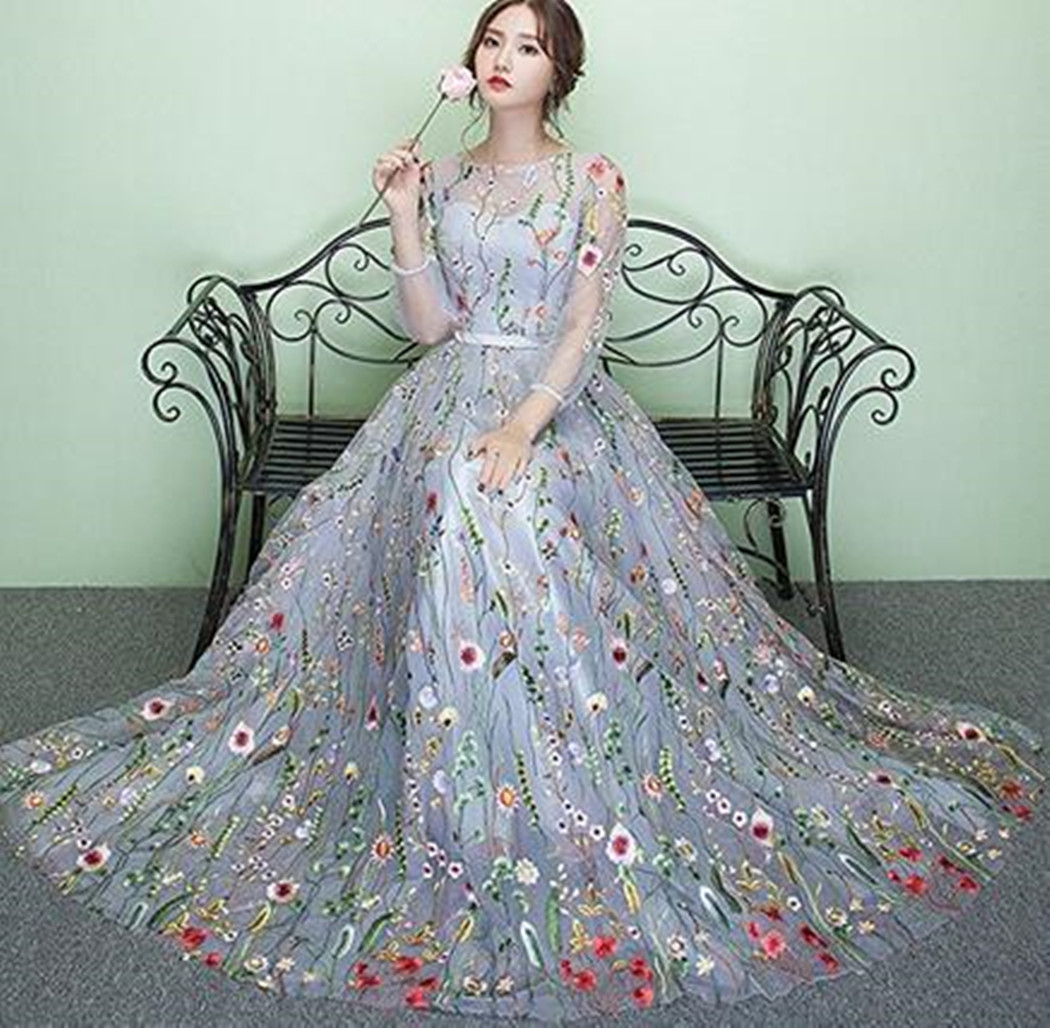 

Best Selling 2019 New Fashion Women's Pageant Printed A Line Embroidery Evening Gowns Long Formal Dress Unique Sweep Train Custom Size Sash, Same as picture