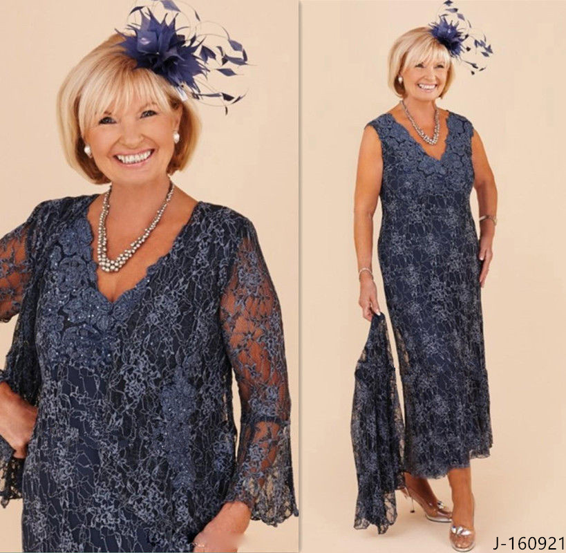 

2022 New Arrival Tea Length Mother of the Bride Dresses with Jacket Full Lace Crystal Plus Size Formal Groom Mother Dress