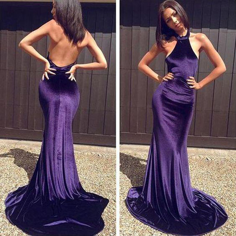 Robe de bal sirène violette, sexy, bon marché, dos nu, col licou, sans manches, arabe de Dubaï, longue robe de soirée, sur mesure, grande taille