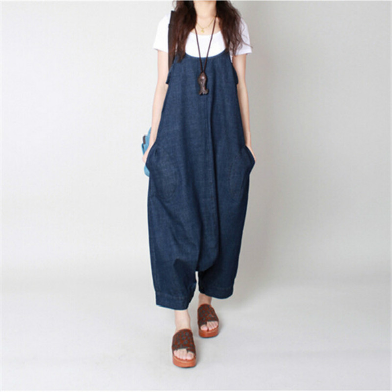 New Large Szie Autumn Women Harem Loose Jeans Jumpsuits Denim Strap Dropped Crotch Wide Leg Cowboy Cozy Ninth Pants Rompers