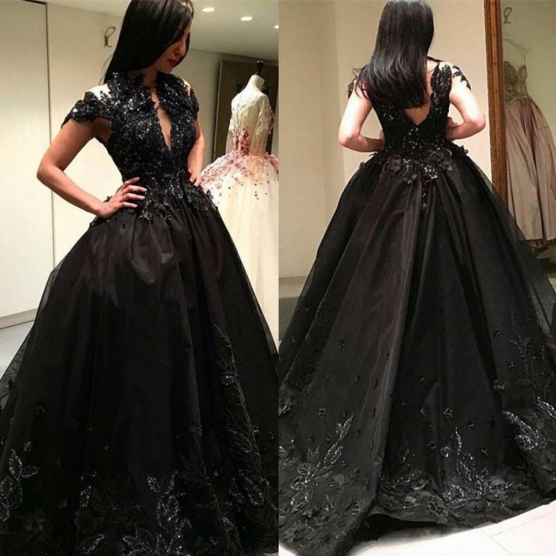 

Black Lace Ball Gown Applique Prom Dresses Beaded Plus Size Evening Gowns Sexy Back Party Dress, Daffodil