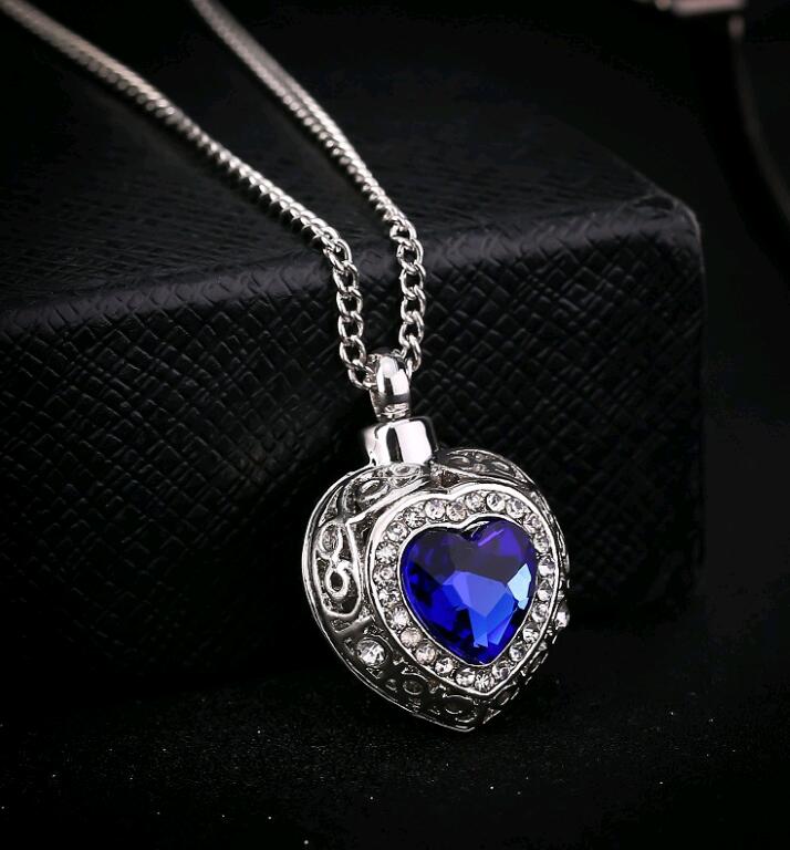 

Blue Gem Urn Locket Heart Pendant Necklace Crystal Ocean Love Hearts Ashes Cremation Jewelry