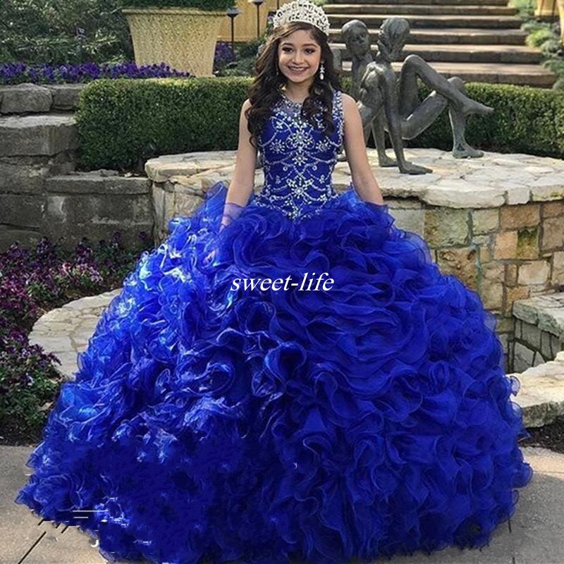

2019 Tiered Cascading Ruffles Ball Gown Quinceanera Dresses Major Beading Crystal Sheer Neck Organza Girl Party Sweet Debutantes Dress, Blue