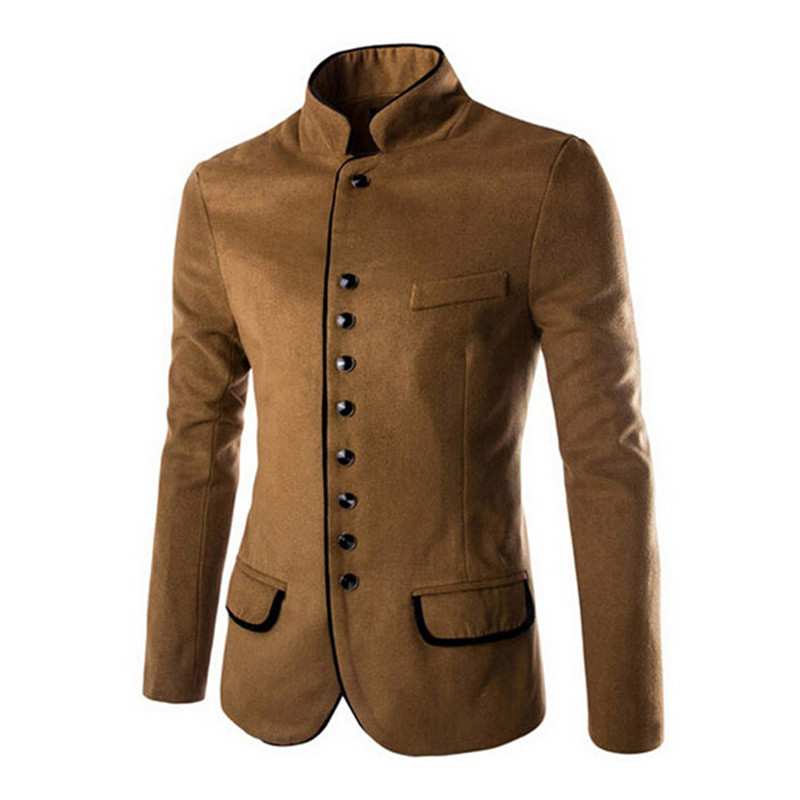 Wholesale- Mandarin Collar Single Breasted Man Woolen Suit Jacket Solid Casual Trench Fall Winter Overcoat Fashion Men Outerwear