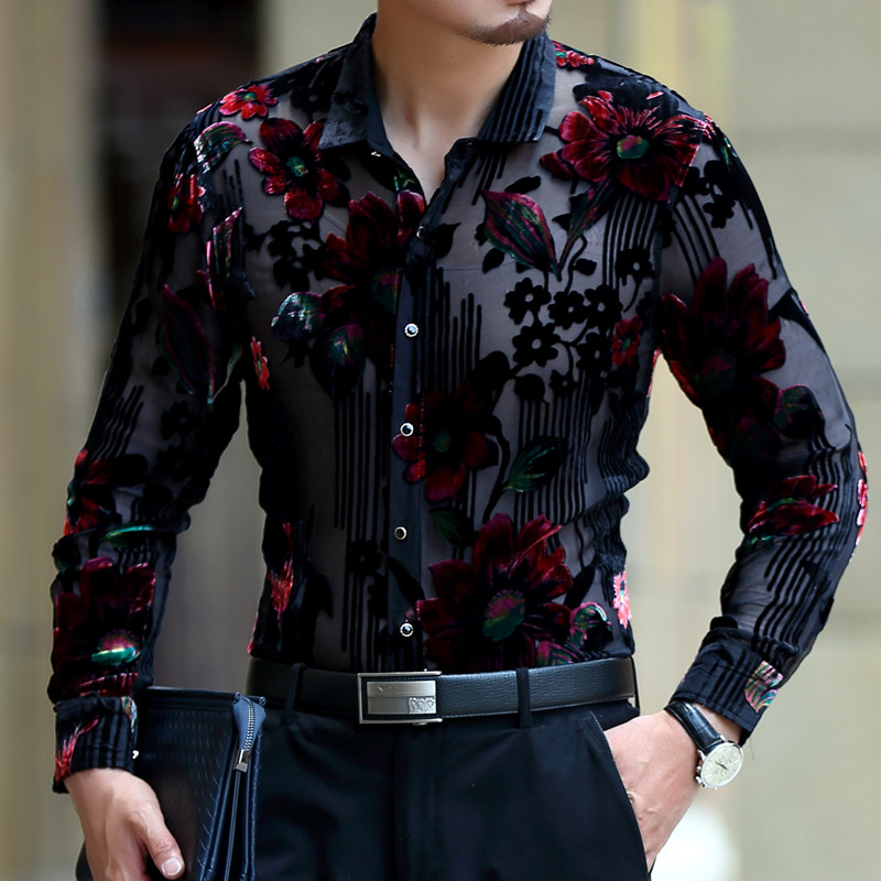 

Wholesale- Exquisite flower pattern silk gold velvet hollow high-end shirt 2016 Spring&Autumn new fashion casual quality men shirt M-XXXL, Green
