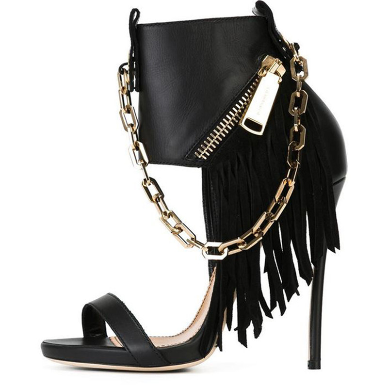 2017 ZK chaussures nouvelle arrivée très sexy femmes sandales à talons aiguilles avec glands chaîne en métal taille US4 ~ 12.5