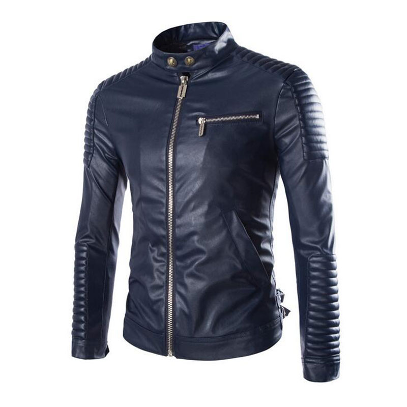 Wholesale- 2016 New Brand Motorcycle Leather Jackets Men Stylish Jaqueta Couro Masculine Stand Collar Fashion Design White Black Navy Blue