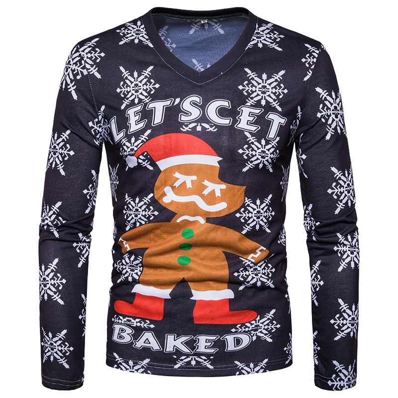 2017 Noël pour les hommes T-shirt du père Noël d'impression à manches longues nouvelle mode T-shirt col V à manches longues pour hommes
