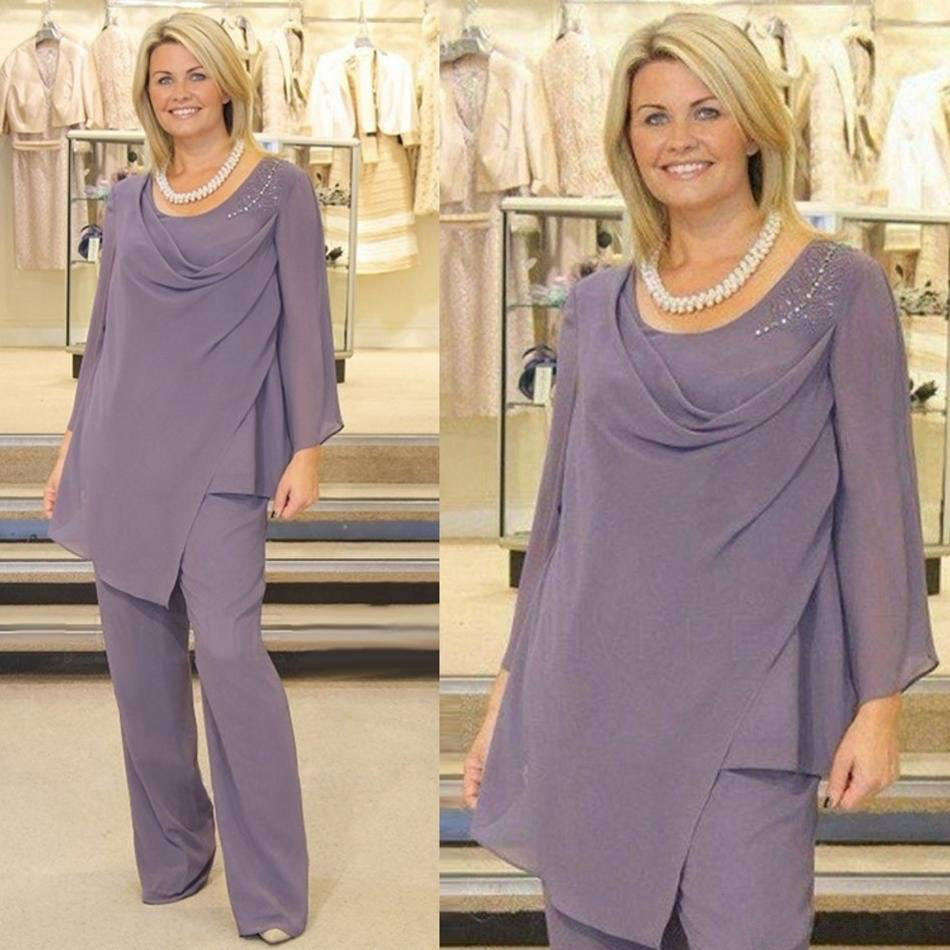 

Fashion Two Pieces Mother Of The Bride Pant Suits Scoop Neck Long Sleeves Wedding Guest Dresses Chiffon Plus Size Beaded Formal Dress