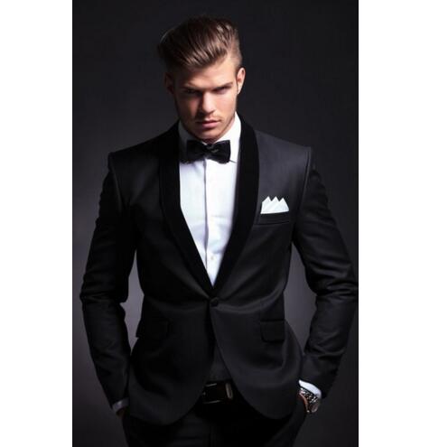 

Wholesale- 2017 Black Wedding Suit for Men Groom Tuxedos (Jacket+Pants+tie) One Button Shawl Lapel Mens Suits Best Men Blazer Custom Made, Same as picture-1