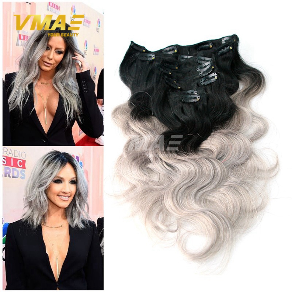 

Ombre Brazilian Clip In Human Hair Extensions Body Wave Silver Grey Clip In 8Pcs/Set Ombre Color Clip In Hair Extensions