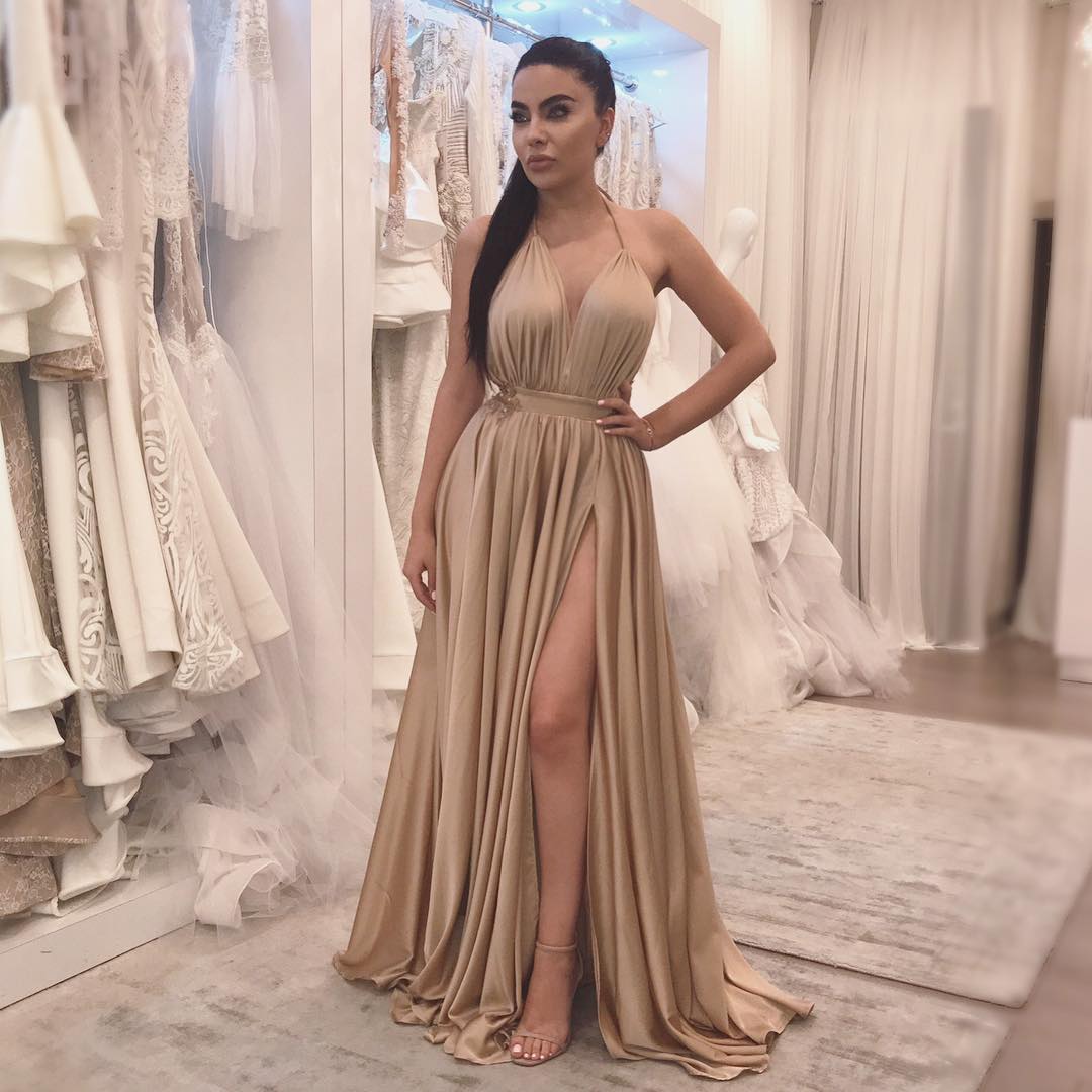 

Halter Champagne Long Prom Dresses Chiffon High Leg Slit Evening Party Dresses Pleats Sexy Formal Evening Dresses A-Line, Orange