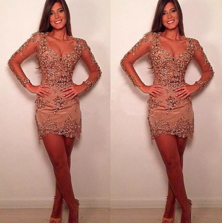 

Sexy Plunging V Neck Sheer Long Sleeves Cocktail Party Dresses Luxury Applique Lace Beads Short Formal Prom Gowns 2019 Sheath/Column, Orange