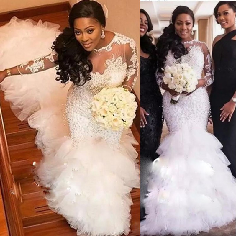 

Sheer Long Sleeves Wedding Dresses Jewel Neck Lace Appplique Major Beading Mermaid Wedding Dress Puffy Tulle Teired Long Train Bridal Gowns, Gold