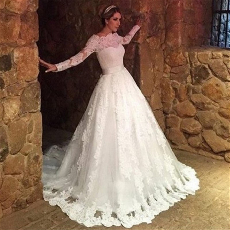 

Vestido de noiva Long Sleeve Lace A Line Wedding Dress Custom Made Scoop Neck Robe De Mariage Vestido de casamento Novia, Gold