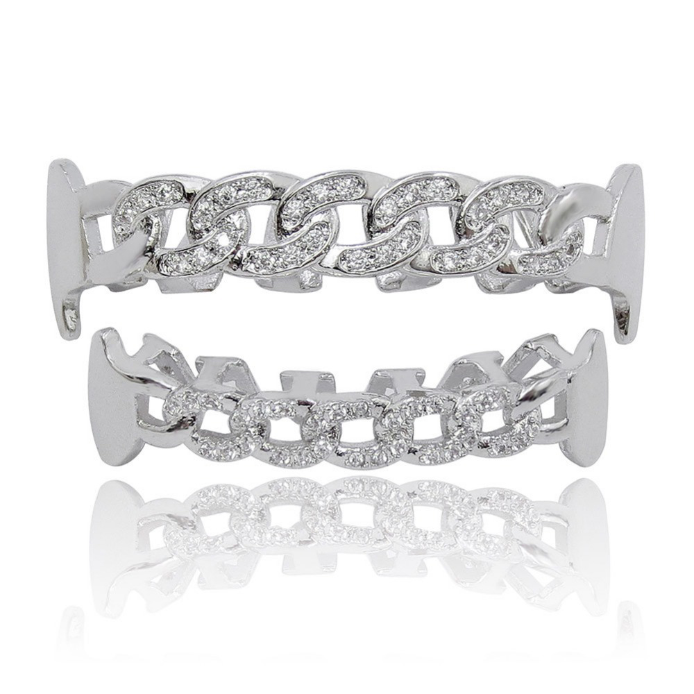 

NEW Custom Fit Fully CZ Cuban Fang Grillz Iced-Out Bling Hip Hop Teeth Grill Top & Bottom GRILLZ Set Chain Vampire Grills, Black