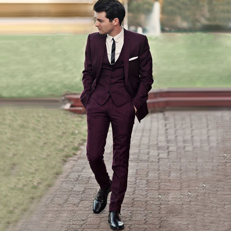 

Burgundy Wedding Tuxedos Slim Fit Suits For Men Jacket Pants And Vest Groomsmen Suit Three Pieces Custom Made Prom Formal Suits, Sliver