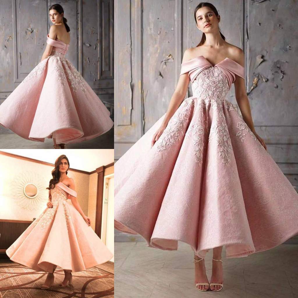 

Pink Appliques Lace Prom Dresses Off The Shoulder Short Evening Gowns Ankle Length A-Line Pleated Formal Dress, Multi