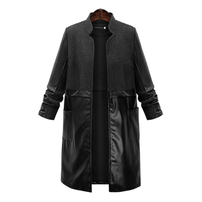 Wholesale- 2016 Autumn Winter PU Leather Women Jacket Long Wool Patchwork Jackets Female Coat Large big Plus Size 5XL Elegant
