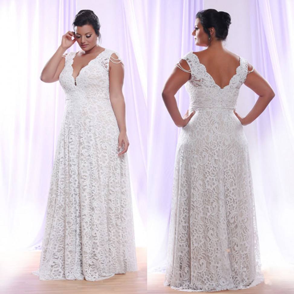 

Stylish Plus Size Lace Wedding Dresses Deep V-Neck A-Line Bohemian Backless Wedding Dress Floor Length Beach Bridal Gowns, Gold