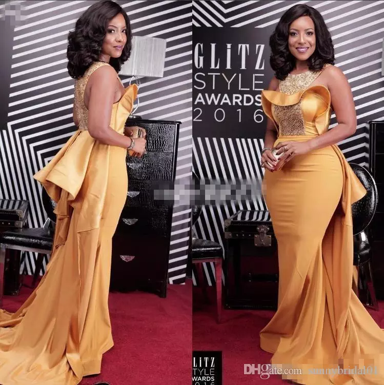 Sexy Mermaid Evening Dresses Scoop Neck Crystal Beaded Satin Dusty Yellow Plus Size Celebrity Dresses African Women Formal Evening Gowns