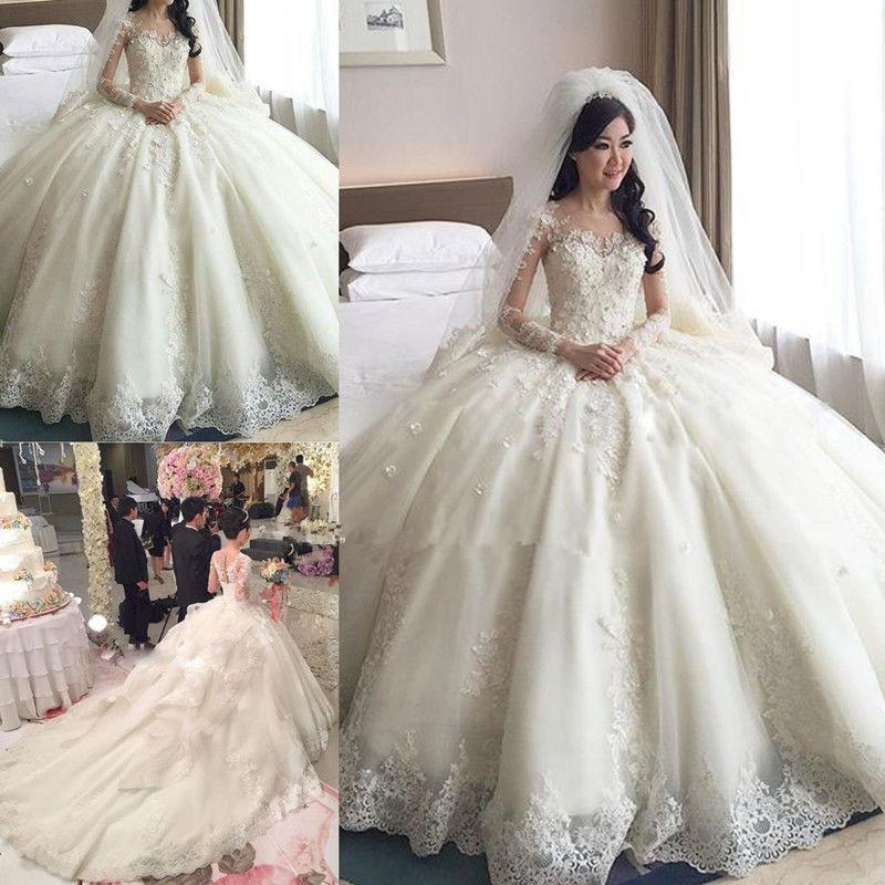 

Ball Gown Princess Wedding Dresses 2019 Long Sleeve Lace Bridal Sheer High Quality Romantic Handmade Appliques Custom Size Fashion, Pink